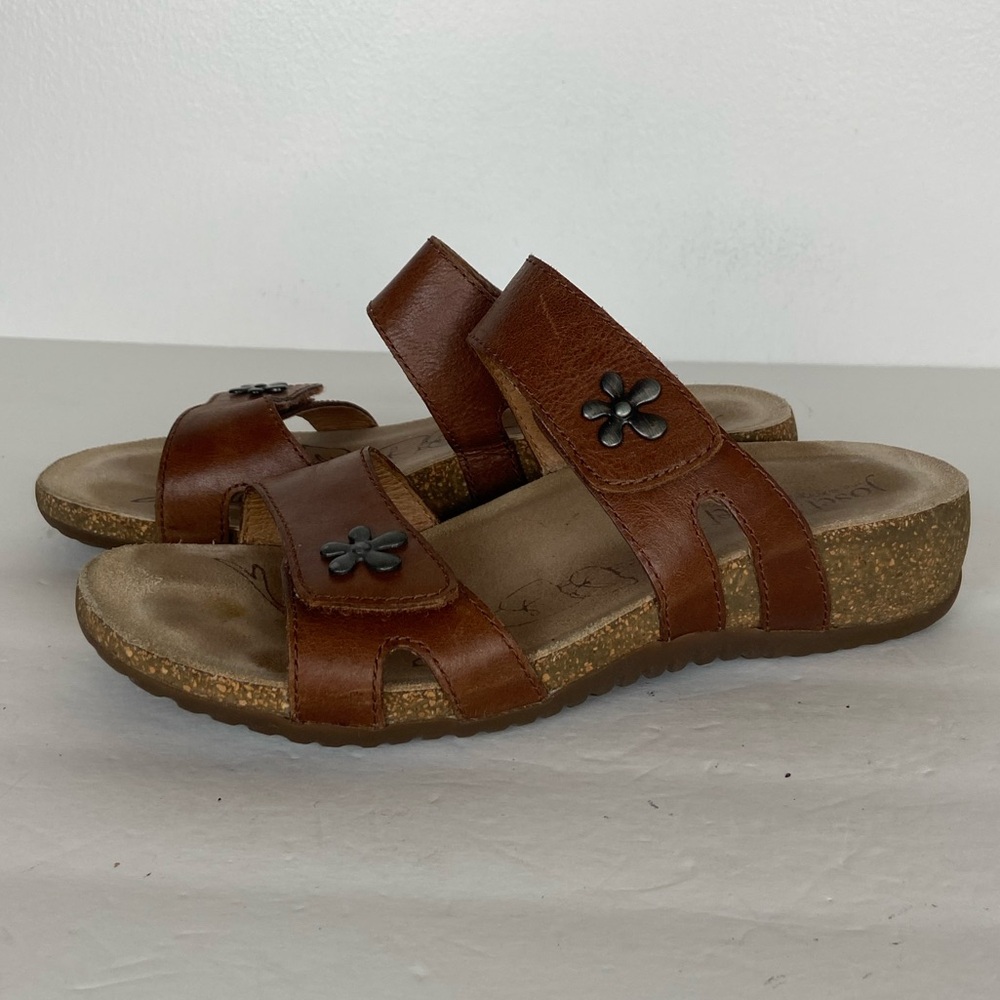 Josef Seibel Double Strap Leather Sandals Sz 38 US 7.5 Brown Cork Boho Cushioned